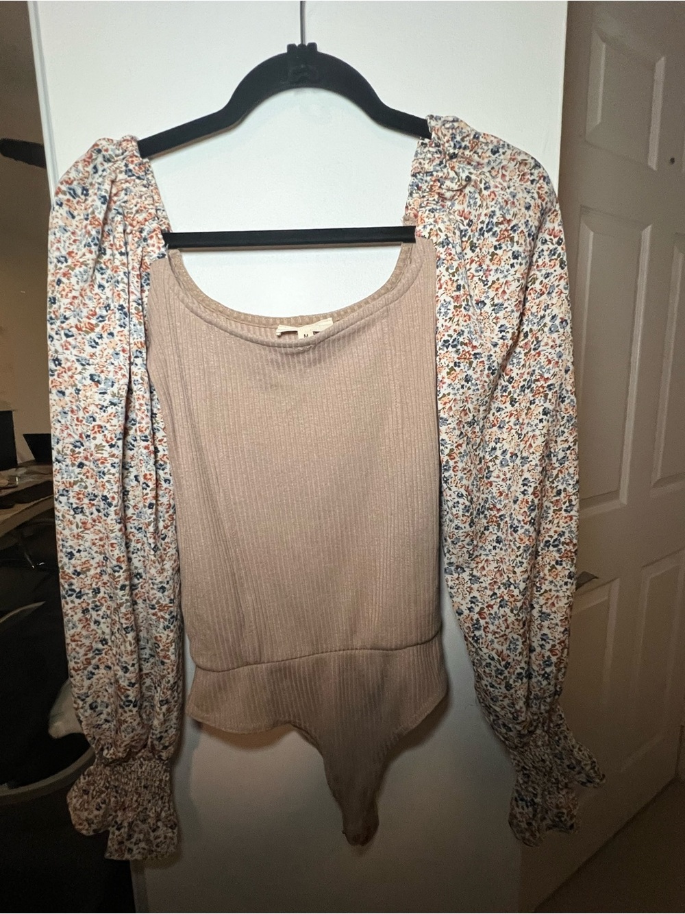 Promesa Beige Ribbed Bodysuit with Floral Puff Sleeves